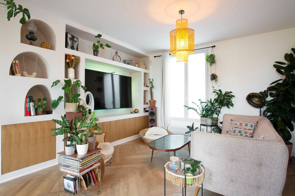 a living room with a couch and a television
