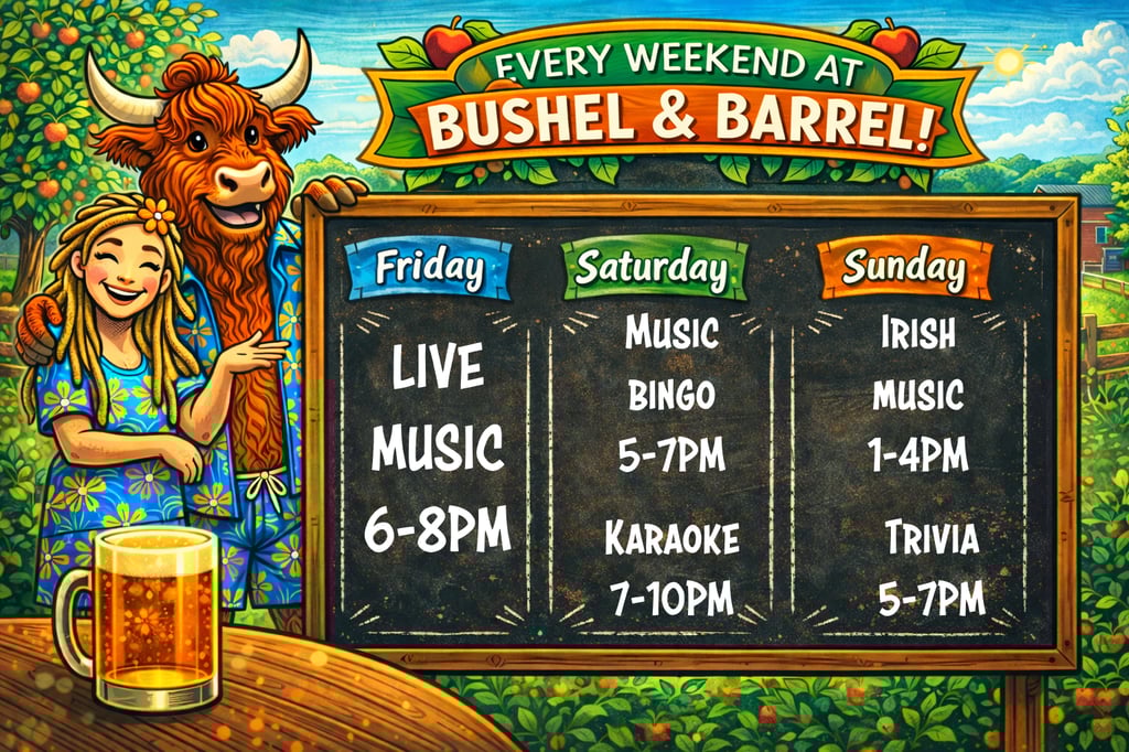 A chalkboard schedule for live music and events at Bushel & Barrel with a cartoon bull and woman.