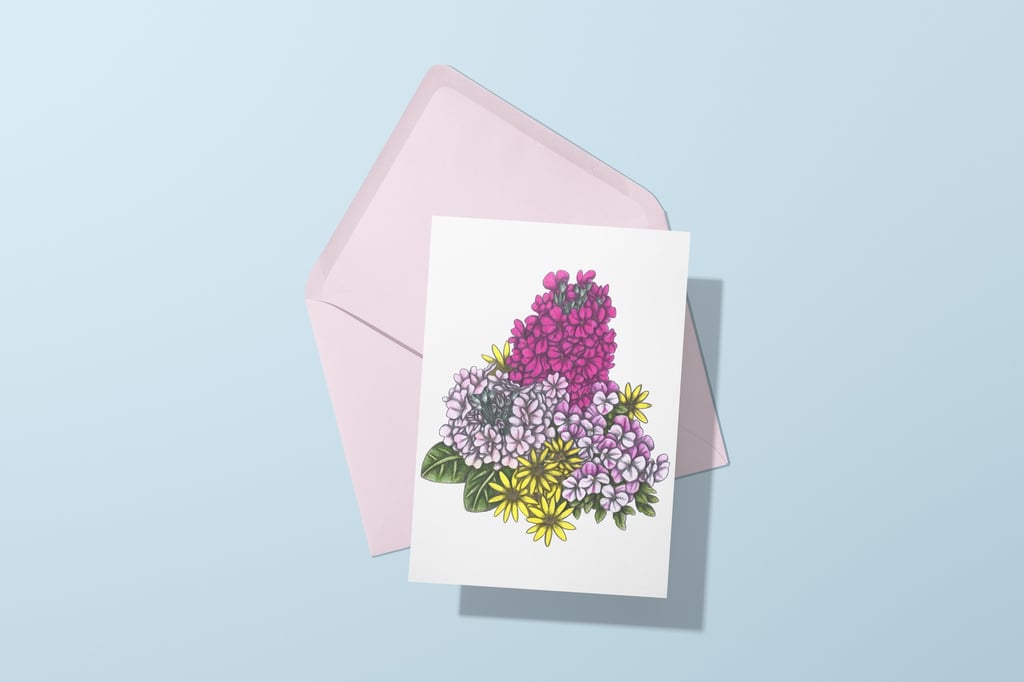 Greeting card featuring hand-drawn pink and yellow flowers with a pink envelope on a light blue background