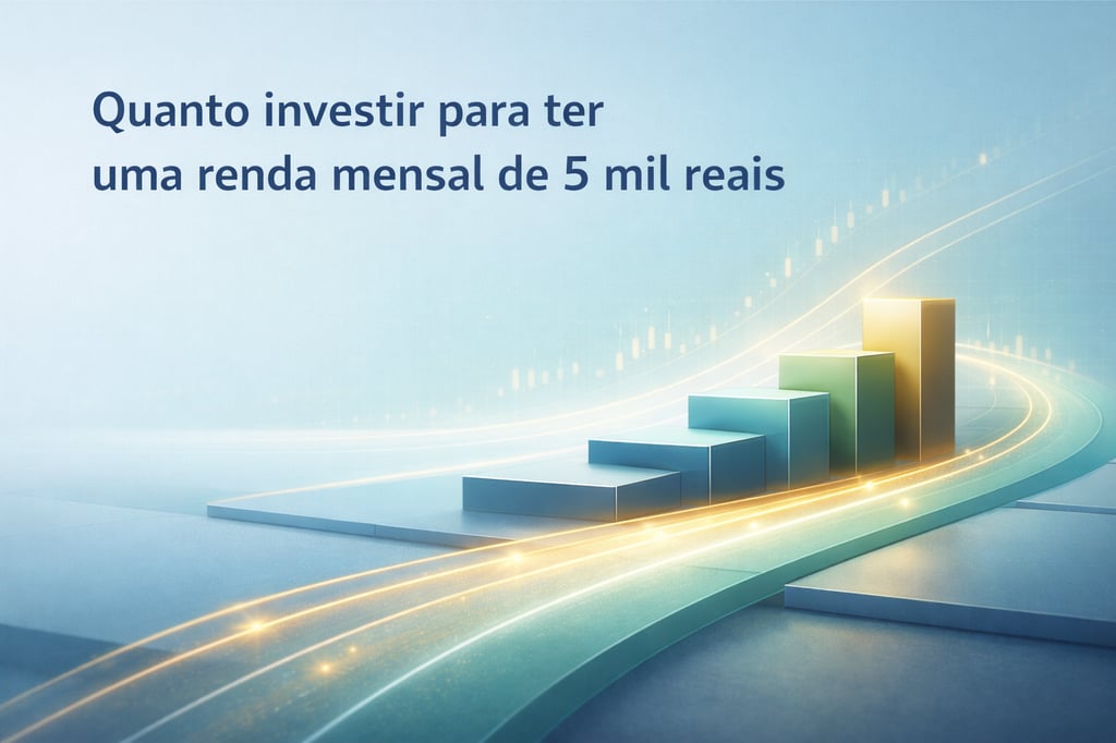 Gráfico de barras 3D com luzes douradas e texto sobre investimento para renda mensal de 5 mil reais.