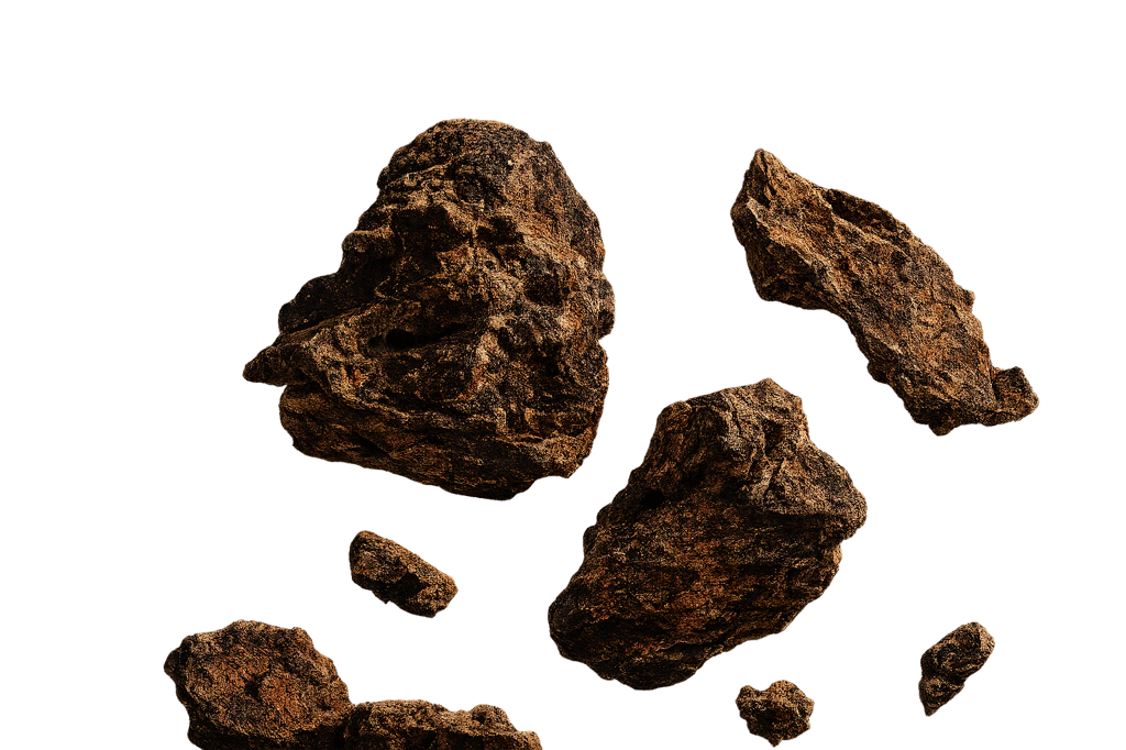 Textured brown volcanic rocks and floating stone fragments isolated on a solid black background.