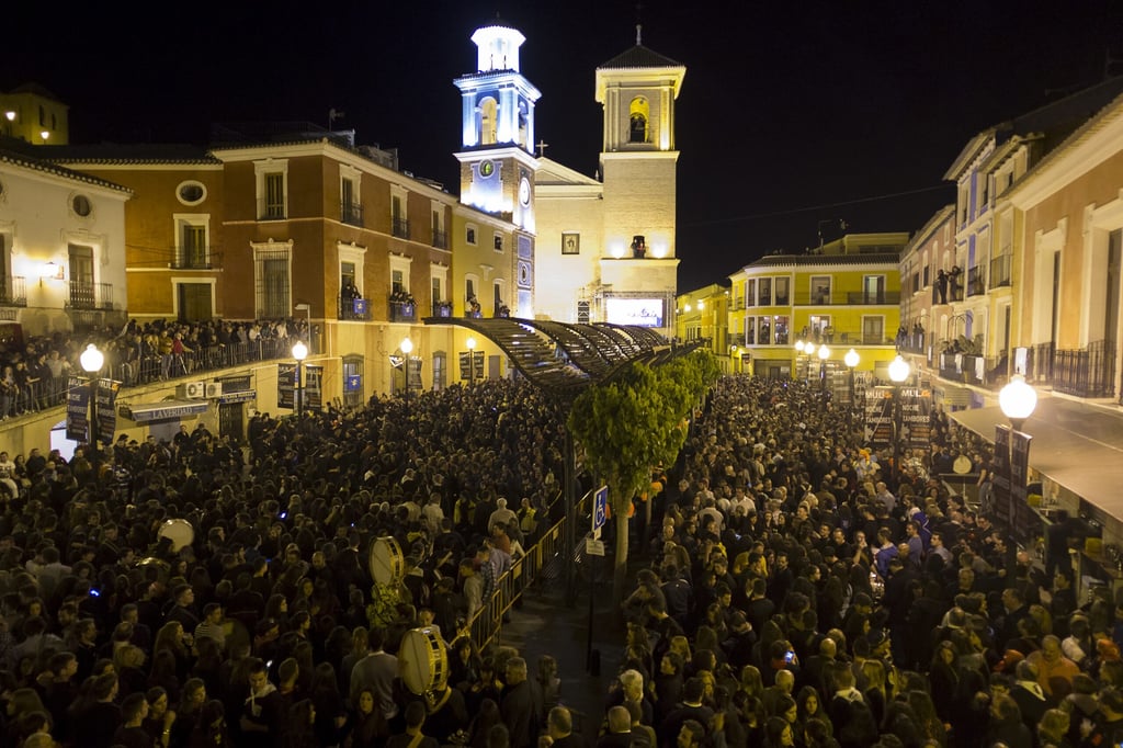 The town hall square of Mula during the Night of the Drums celebration, which runs from Tuesday to H