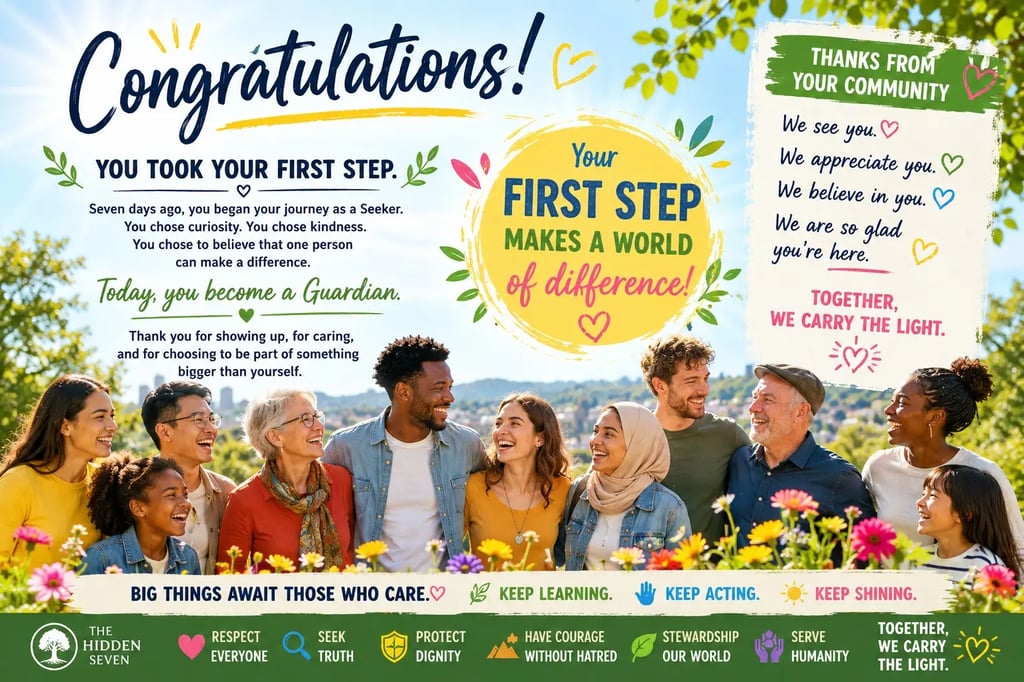 Diverse group of smiling people in a flower field for The Hidden Seven community guardian congratulations message.