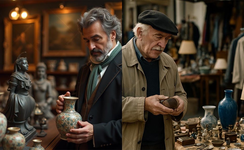 Un antiquaire dans un magasin d'antiquités, un brocanteur sur une brocante