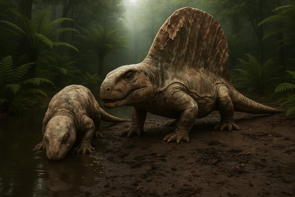 Dimetrodon teutonis mit Diadectes absitus am Fluss