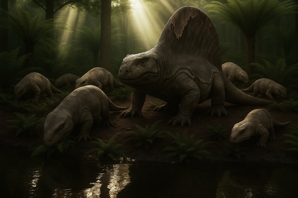 Dimetrodon teutonis mit Diadectes absitus im Perm-Wald