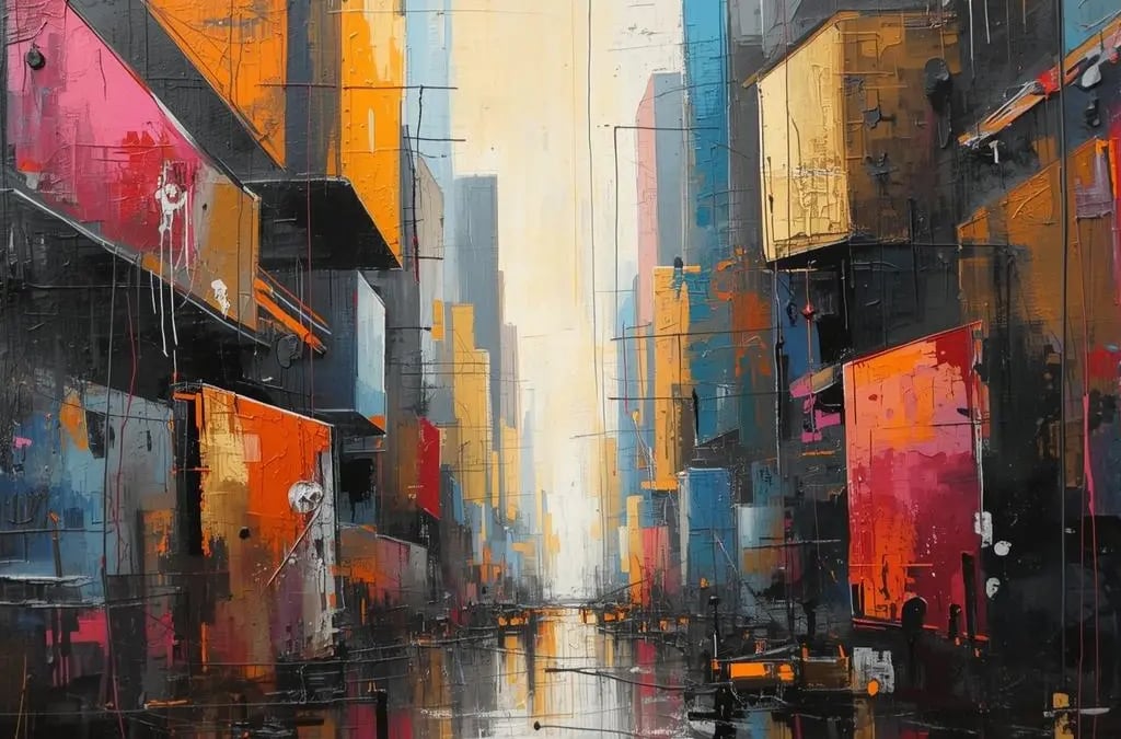 Abstract urban cityscape painting with bold geometric shapes in orange, pink, blue, and black tones