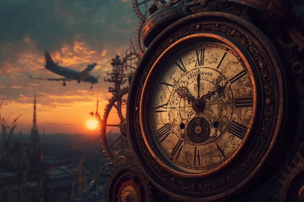 Vintage clock with ornate gears in the foreground and an airplane flying at sunset in the background
