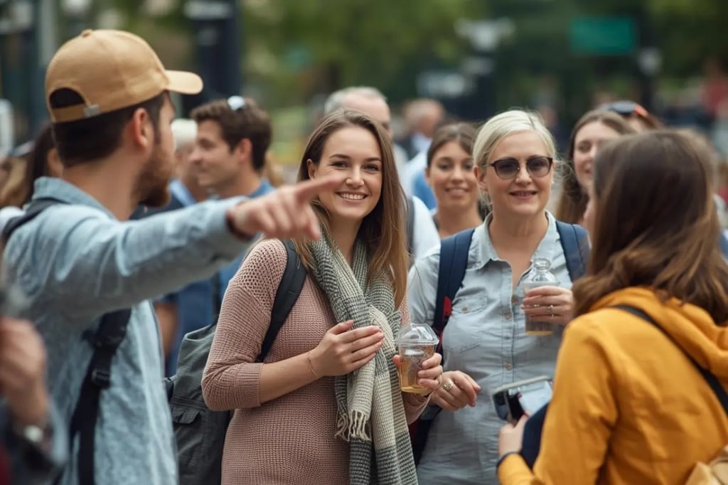 Group of smiling tourists walking together outdoors, following a guide pointing the direction.