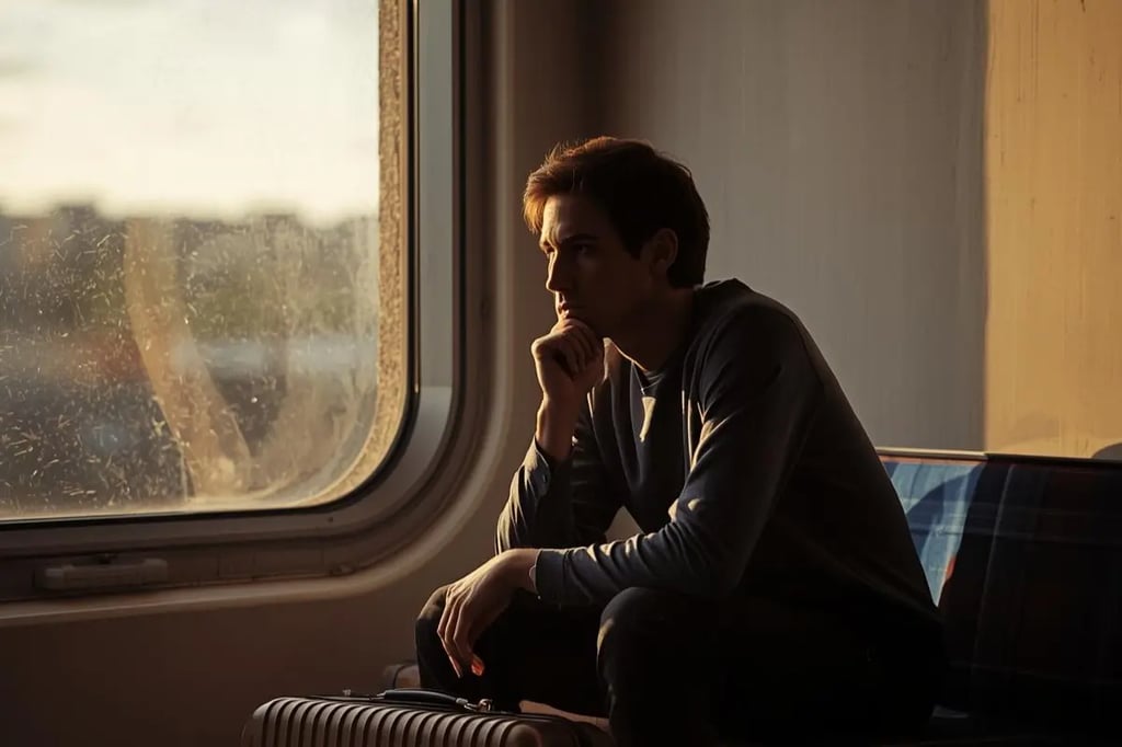 Young man gazing thoughtfully out train window during golden hour journey with luggage beside him