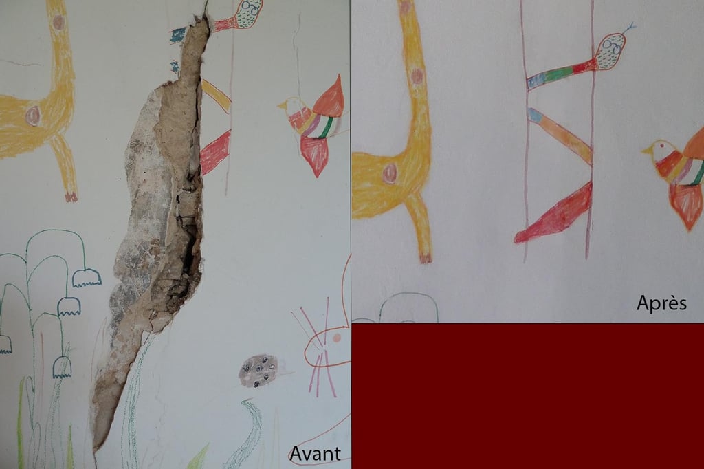 Restauration d'un mur peint avec des dessins d'enfants. Souvenirs maison familiale.