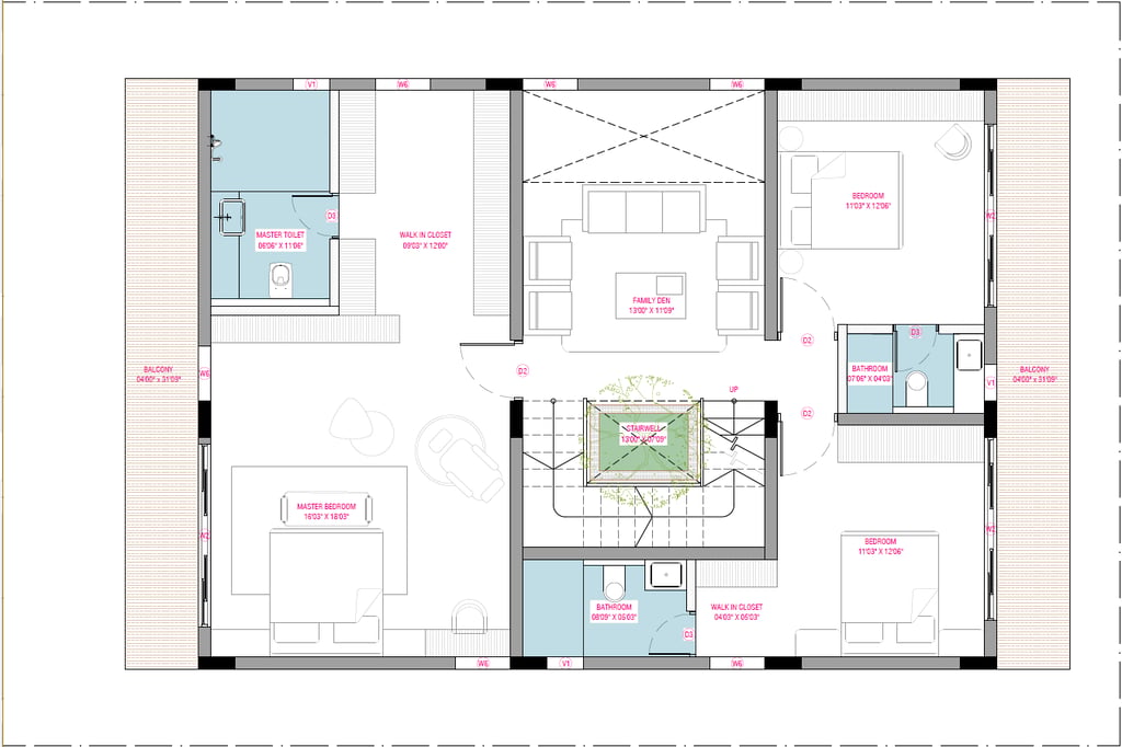 West facing Fortune Hestia villa first floor plan featuring bedrooms with attached balconies 