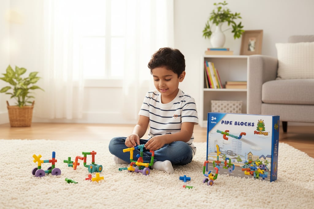A young boy playing with colorful plastic pipe blocks building set on a white rug in a bright living room.
