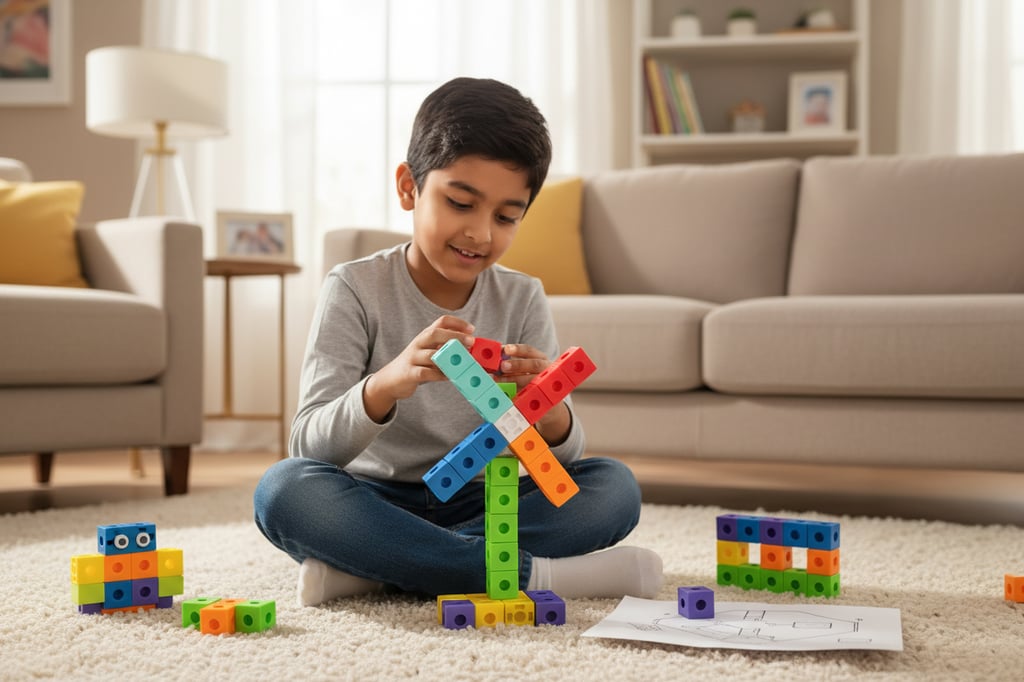 A young boy playing with colorful Cube building blocks to create a windmill on a living room rug.