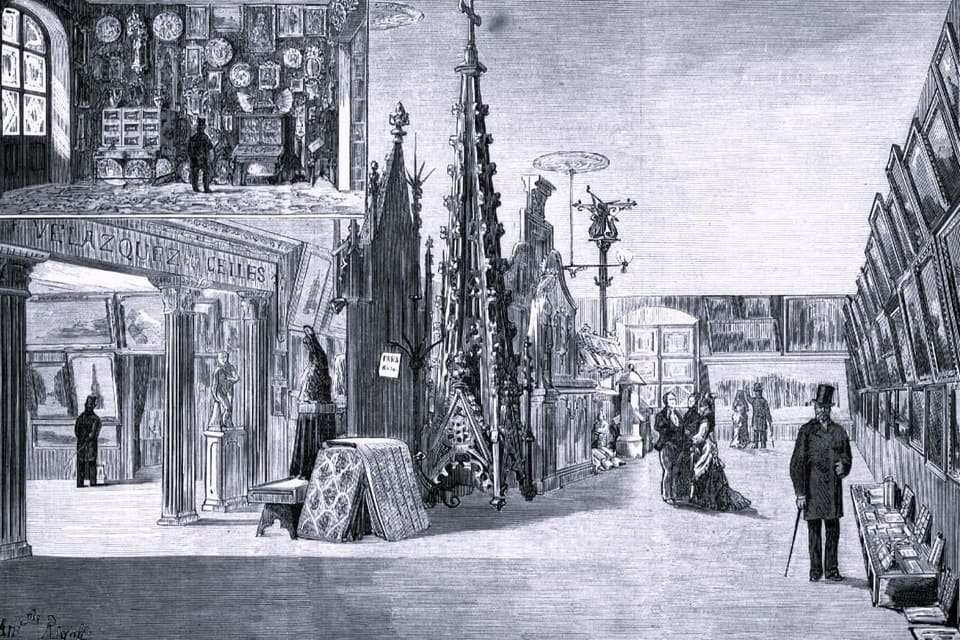 Grabado antiguo del interior de la Exposición Artístico Industrial de Barcelona de 1876