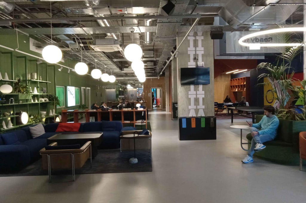The lobby gathering space at the Social Hub, with lots of couches and plants