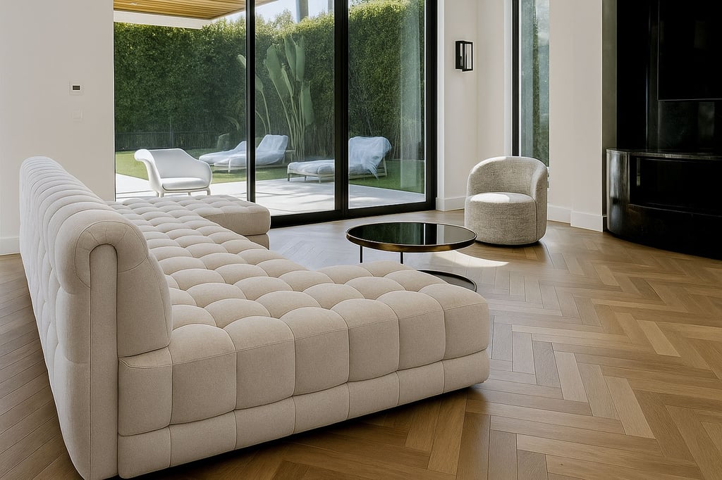 Modern living room with tufted beige sofa, round coffee table, and large glass doors to patio