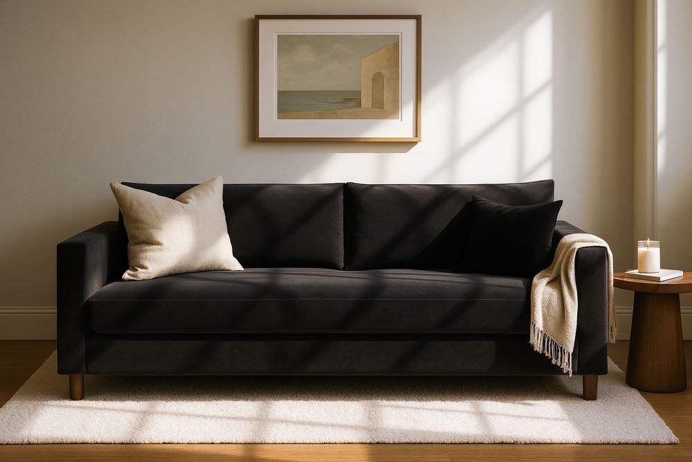 High-end living room featuring a custom black sofa with a long cushion, soft textures.