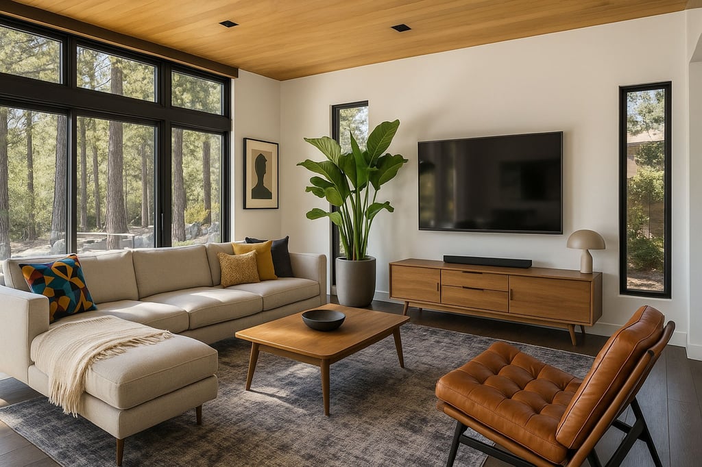 Bright Mid-Century living space with sectional, large windows, and warm wood ceiling