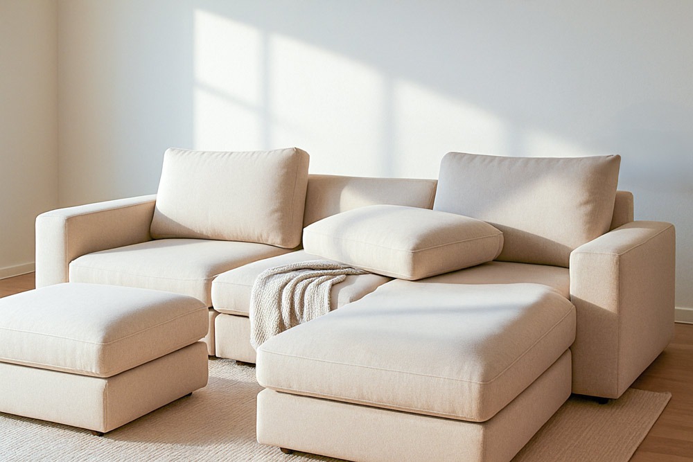 Modular couch in a modern space with removable cushions styled to show comfort and flexibility.
