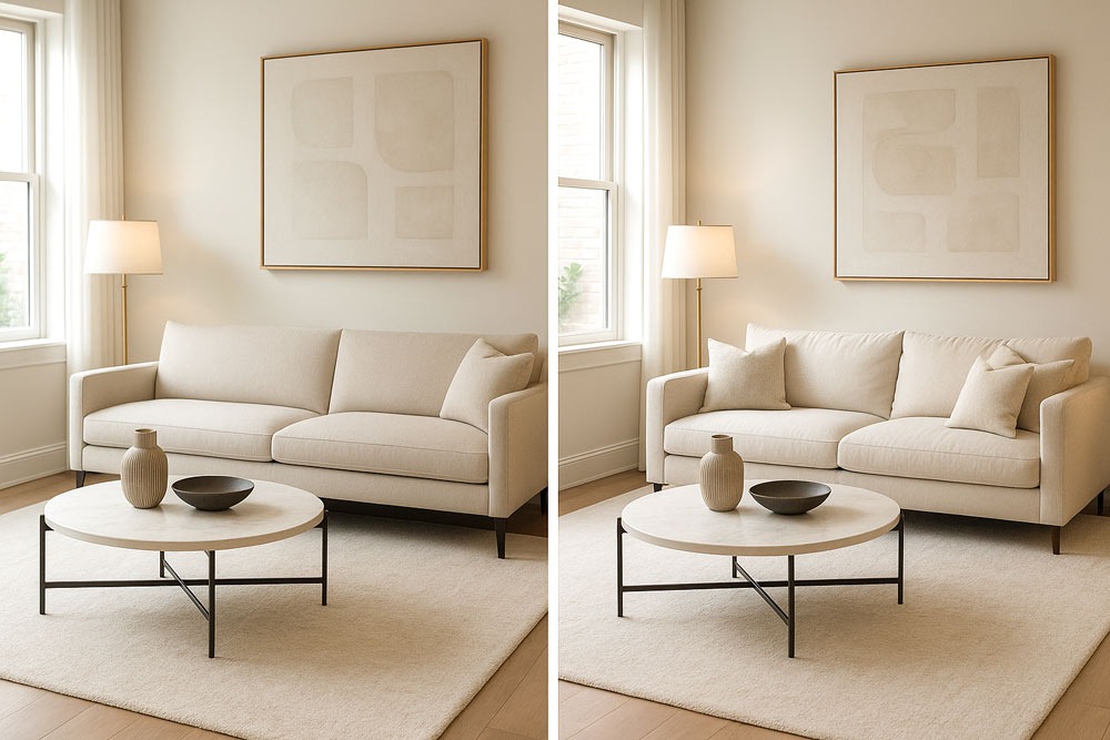 ight back vs. loose back sofas shown in side-by-side living rooms, styled with elegant lighting and neutral decor.