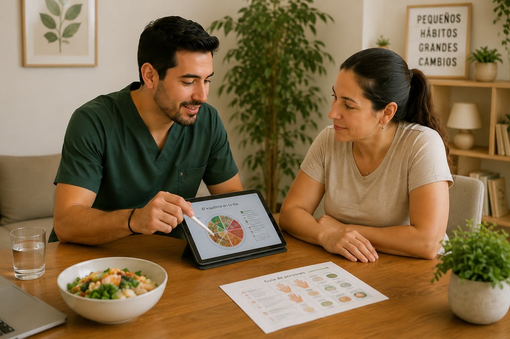 Nutriólogo dándole a su paciente una lección de educación en nutrición para cambio de hábitos 