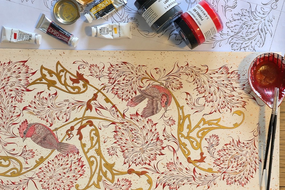 a painting of a painting of a bird on a table