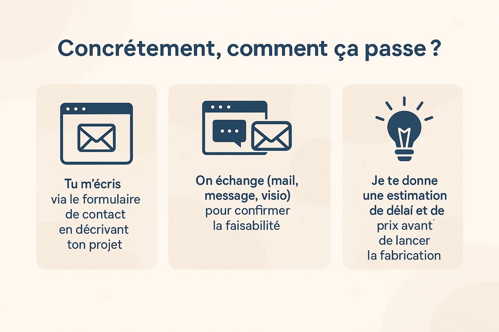 Étapes pour demander un projet 3D personnalisé pour jeu de société : formulaire, échange et estimat