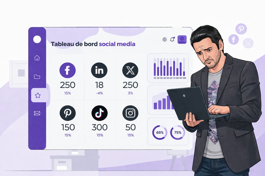 Illustration tableau de bord de statistiques social media avec un professionnel et son ordinateur