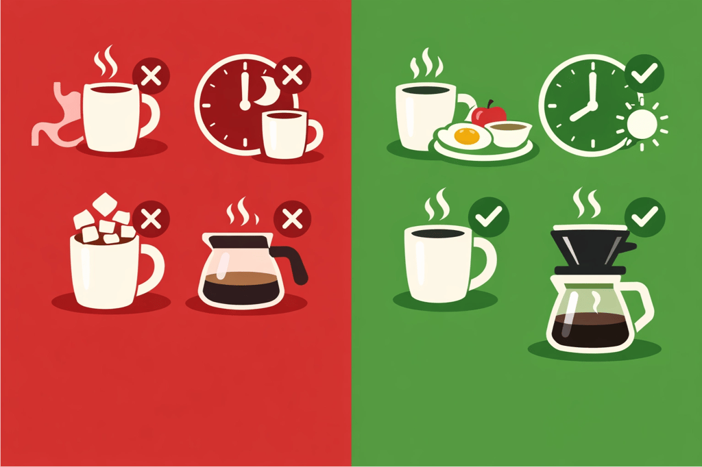 Illustration comparing bad coffee habits on red vs. healthy coffee tips with food on green.
