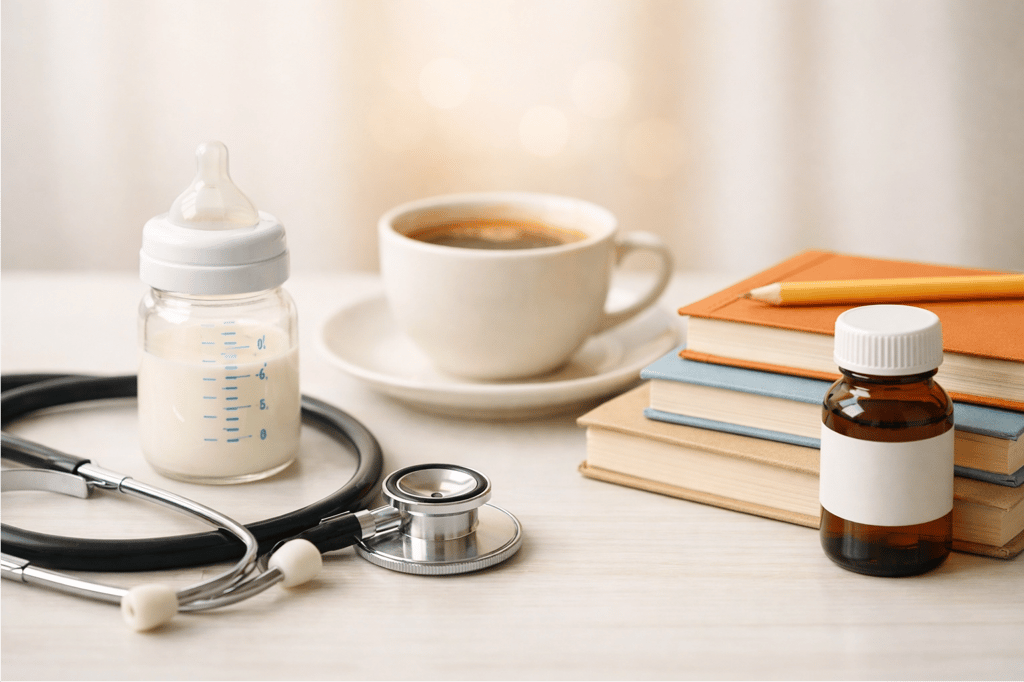 A baby bottle, stethoscope, and medicine bottle on a desk with books and coffee for pediatric healthcare study.