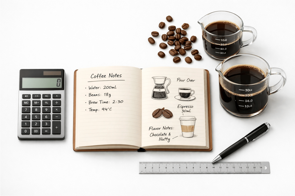 Coffee notes notebook with pour over brewing recipes, roasted beans, and black coffee in glass carafes.