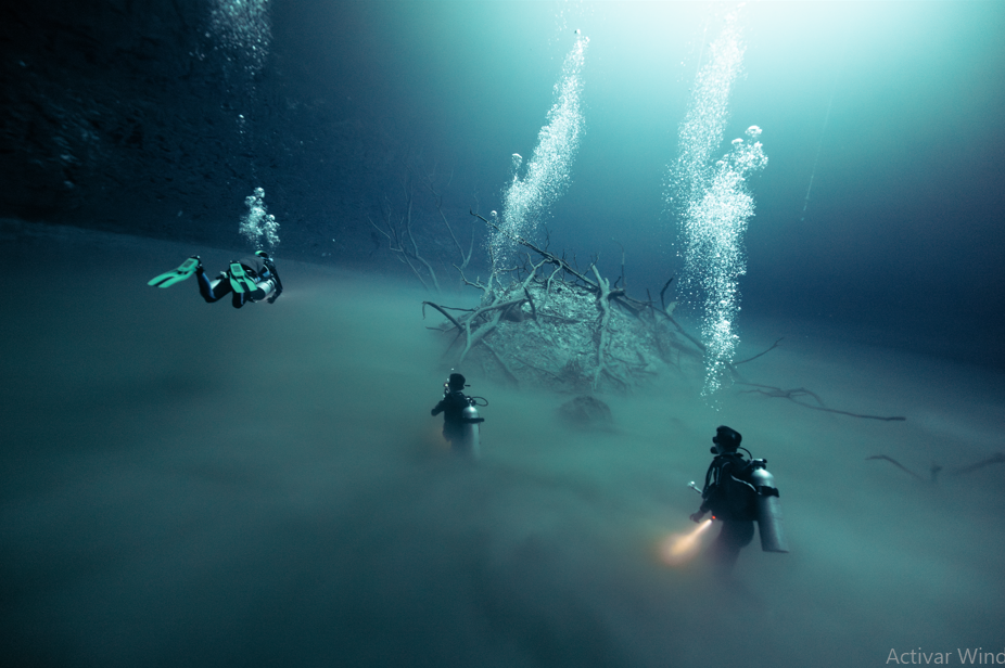 cenote angelita isla con buzos