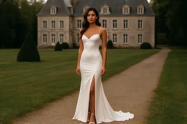 femme portant une robe de mariée devant un château