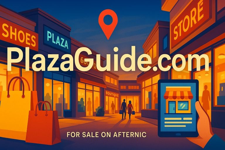 a person holding a phone with the words plazaguide.com domain for sale