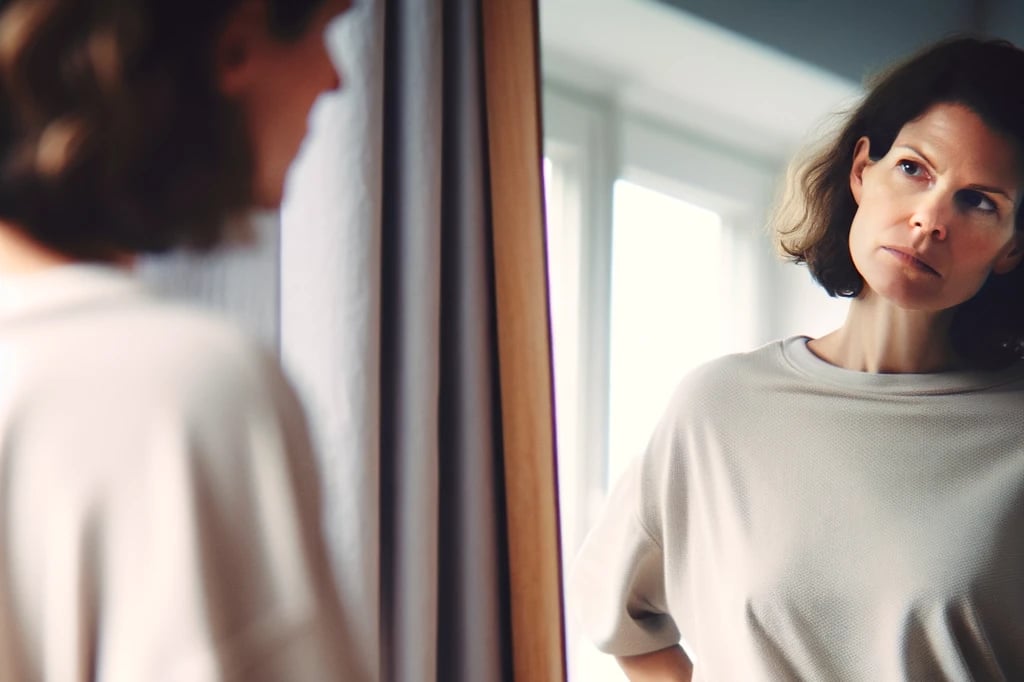 A woman in front of a mirror, slightly slouched, looking at herself with a skeptical expression