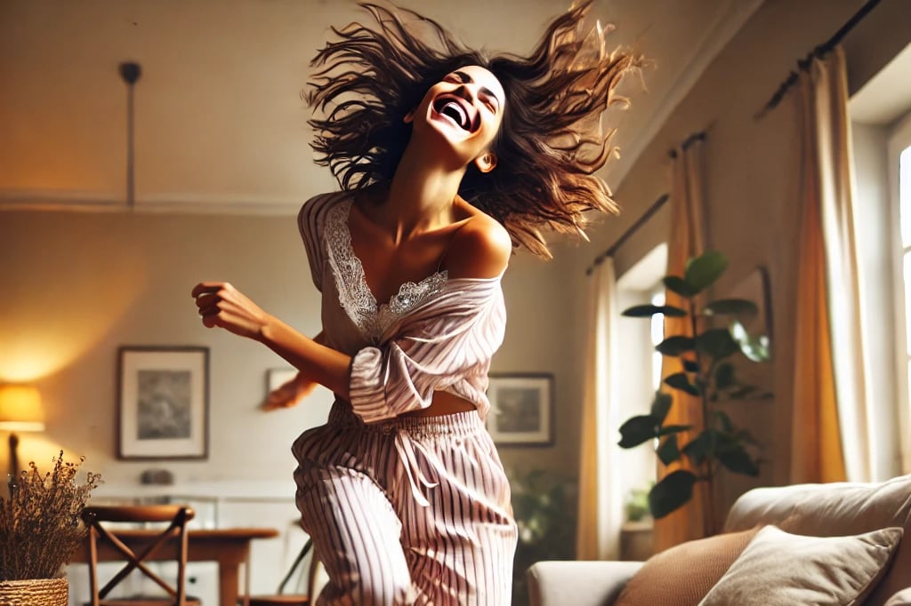 A joyful, carefree woman dancing in their living room, in pajamas, laughing.
