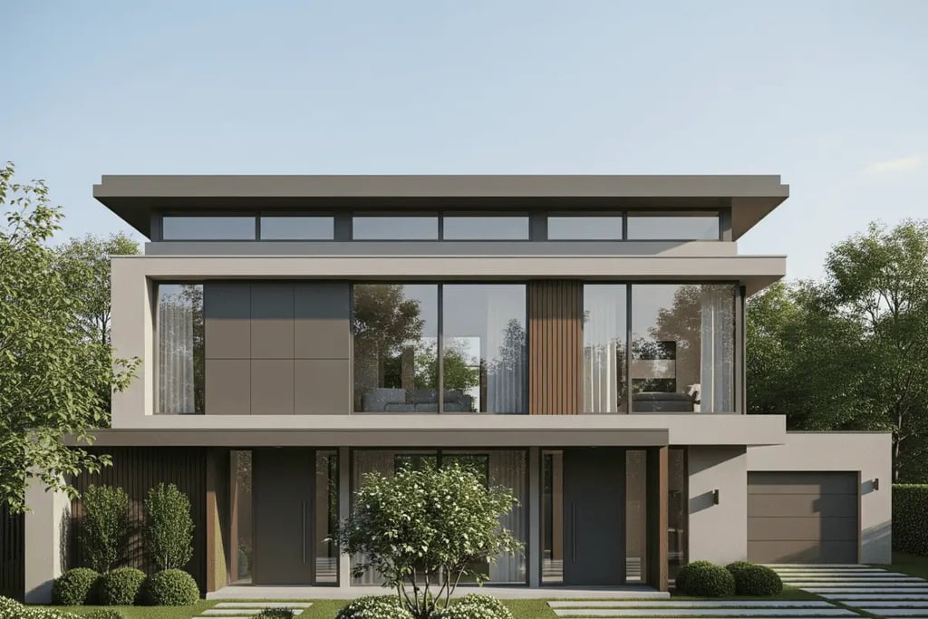 casa com telhado em platibanda vidros jardim e céu