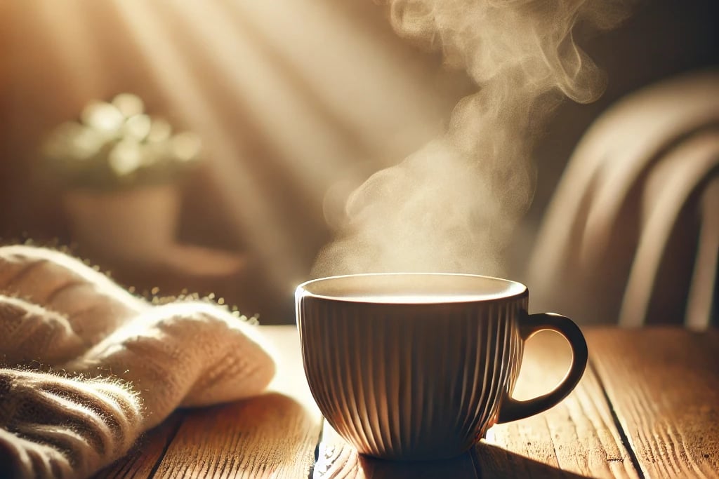 A steaming cup of coffee on a cozy table, with soft lighting and an inviting atmosphere.