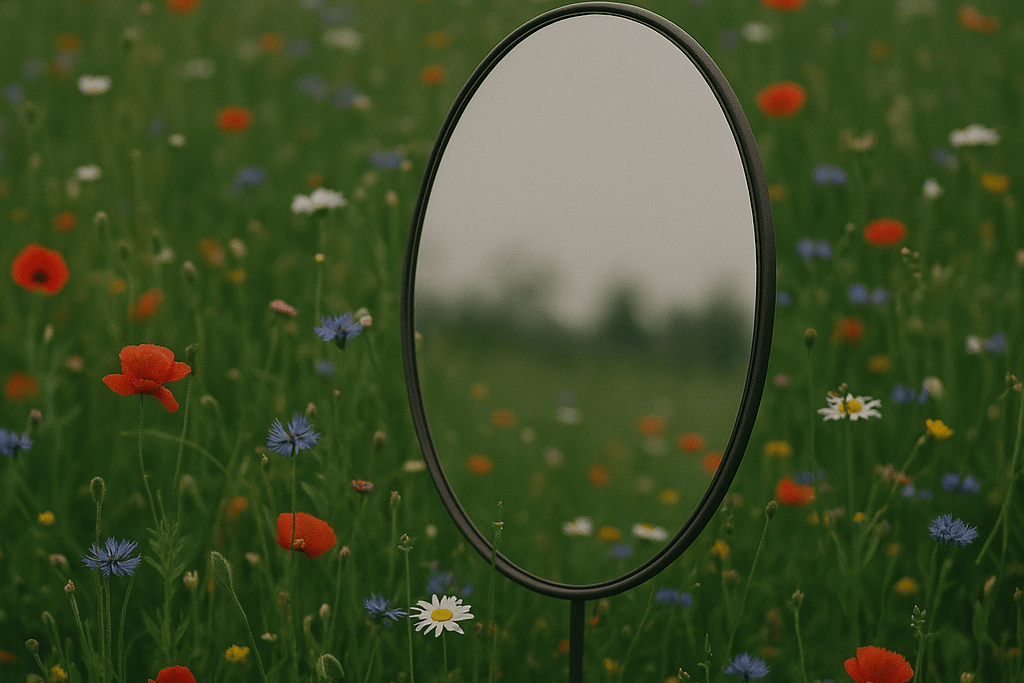 A mirror with no reflection, placed in a field of colorful wildflowers. A symbol of quiet beauty,