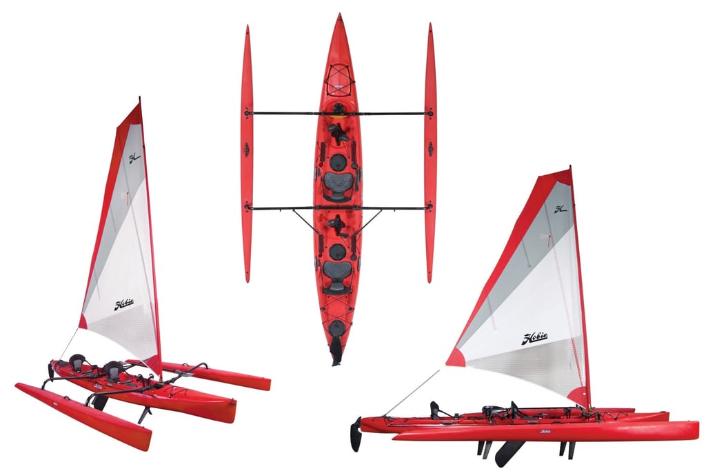 a red kayak with a sail raised viewed from three directions