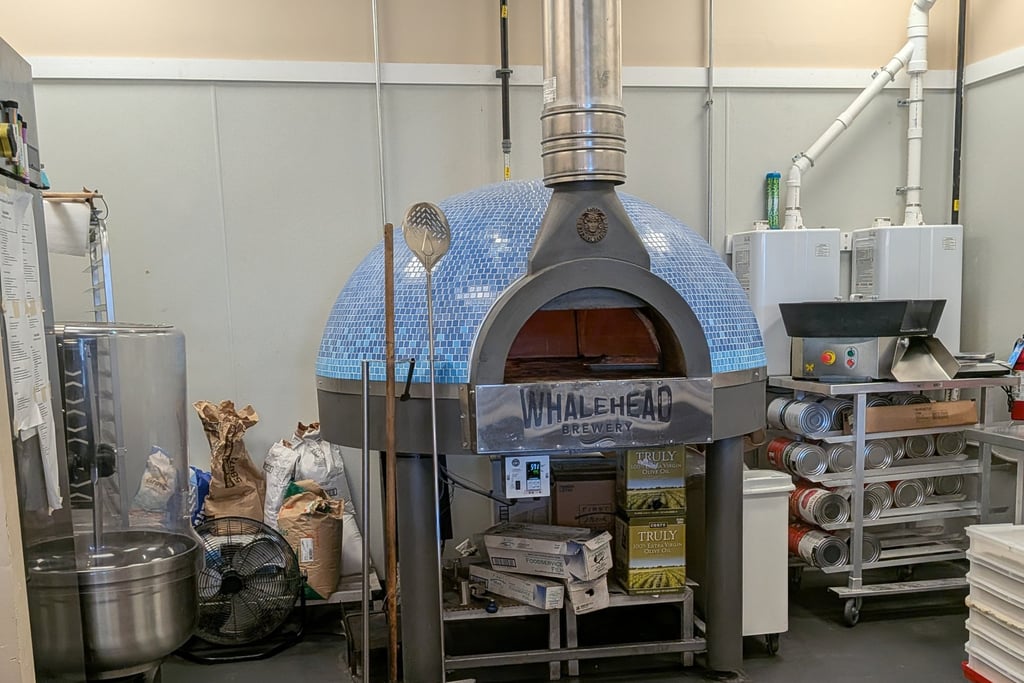 large wood pizza oven at whalehead brewery