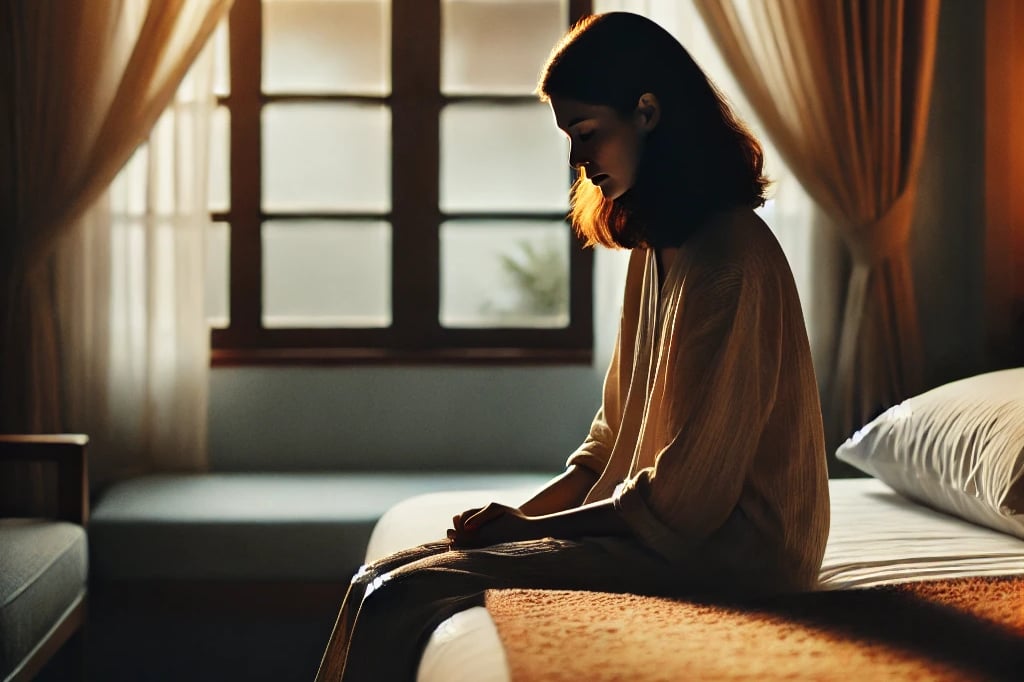 A soft morning light filtering through the curtains, a woman sitting on the bed