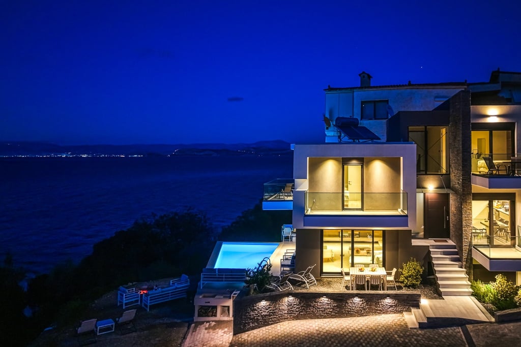 drone aerial twilight photoshoot of villa Kimba in Xiropigado Arcadia