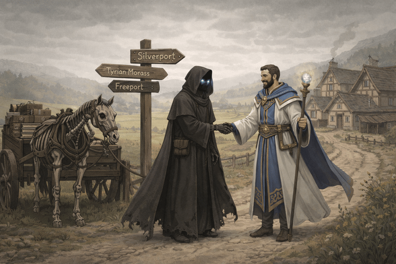 Necromancer meeting with a mage in Silverport to Share Undead Lore