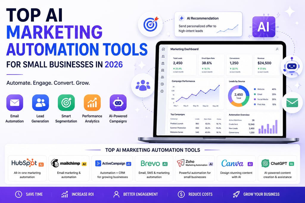 Top AI Marketing Automation Tools for small businesses showing marketing automation dashboard, email
