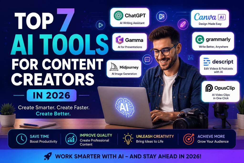 A content creator using AI tools like ChatGPT, Canva AI, Gamma, Grammarly, Descript, Midjourney, and