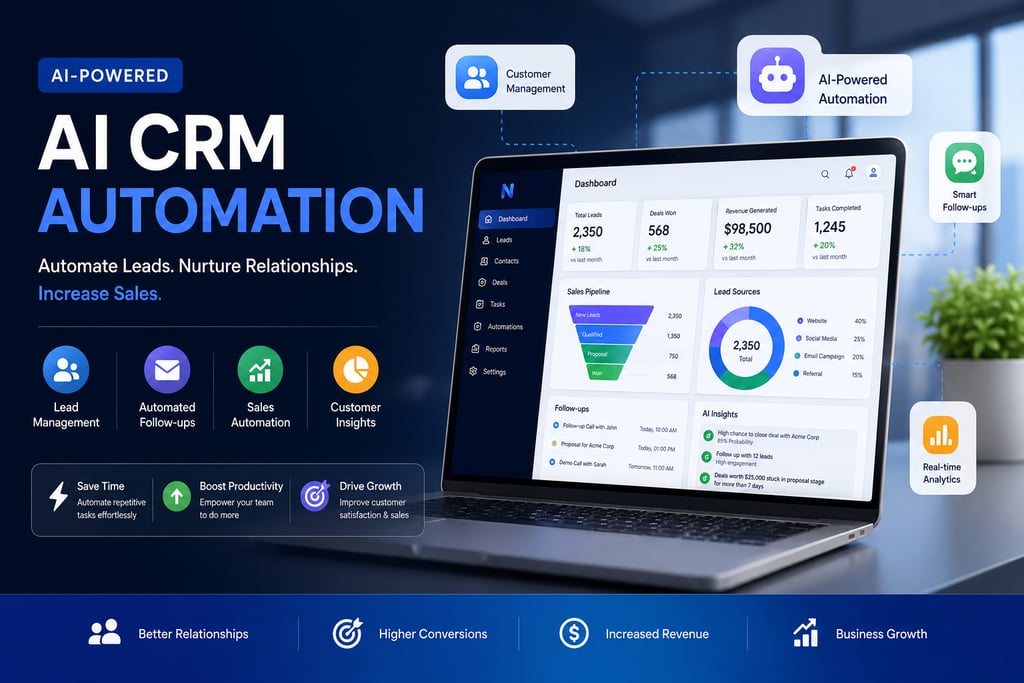 AI CRM Automation dashboard showing lead management customer tracking sales automation and business
