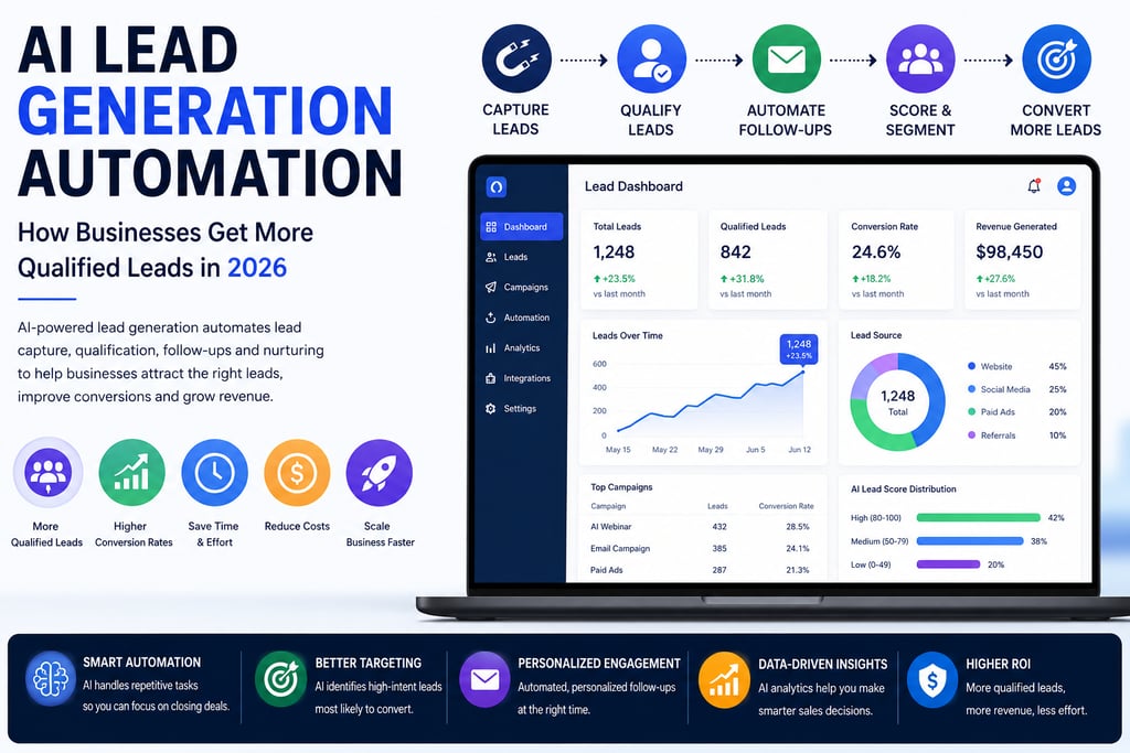 AI Lead Generation Automation dashboard showing lead capture, lead scoring, sales pipeline automatio