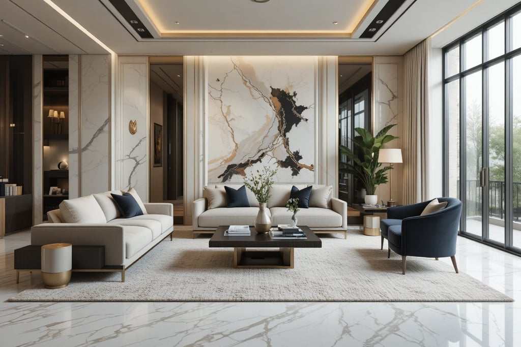 Salón Art Déco moderno elegante con decoración equilibrada